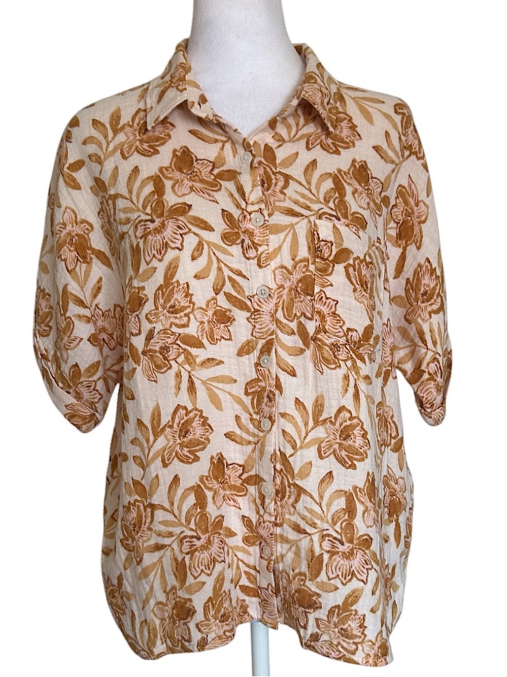 Garnet Hill Women’s Organic-Cotton Button-Down Blouse Brown Beige Floral Size M